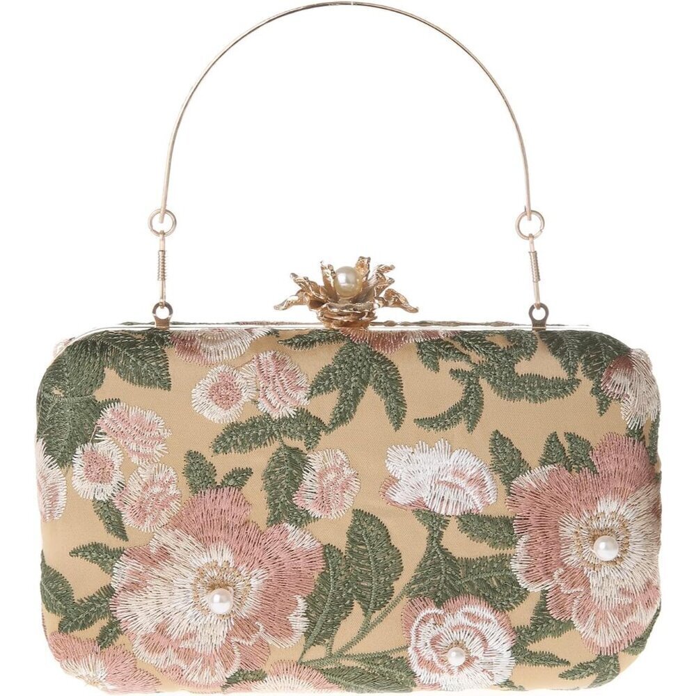 Vintage Floral Embroidery Clutch Satin Sequin Evening Handbag Purse for Party